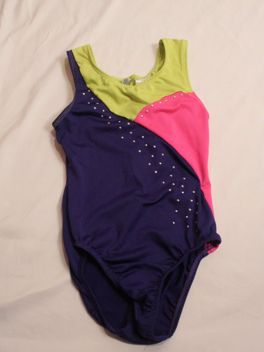 Danskin Neon Lime Pink & Navy Girls Colorblock Rhinestone Tank Bodysuit